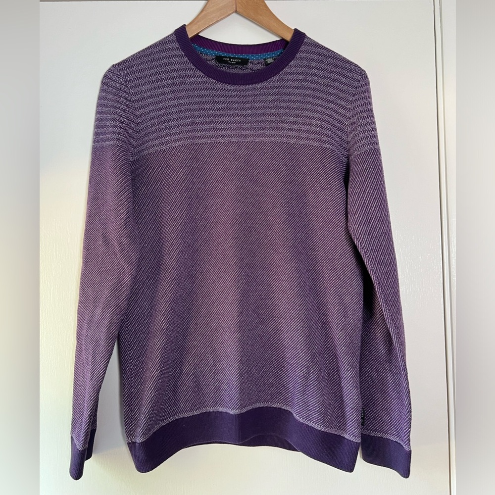 Ted Baker Dynamo Jacquard Striped Purple Crewneck Sweater Quiet Luxury Casual